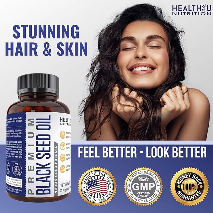 Premium Black Cumin Seed Oil Capsules - Virgin Cold Pressed Nigella Sativa Black Seed Oil Pills - Immune Support Supplement - Omega 3 6 9 Vitamin E Blackseed for Nails Hair Skin 1000 mg p/Serving