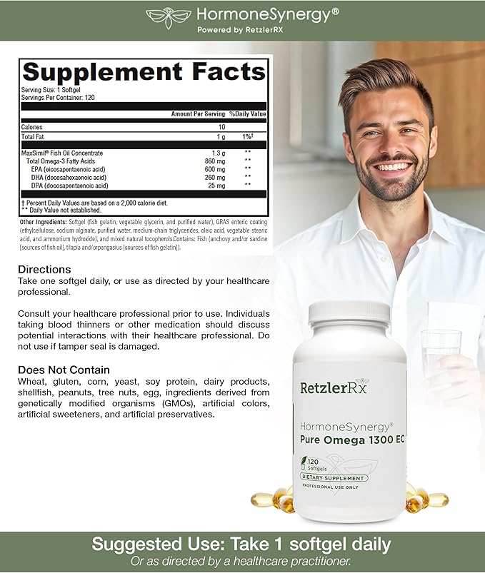 Omega 1300 EC Fish Oil Softgels - High-Strength Omega 3 Supplement with Enhanced Absorption - IFOS Verified, Enteric Coated, 600mg EPA, 260mg DHA - 120 Count