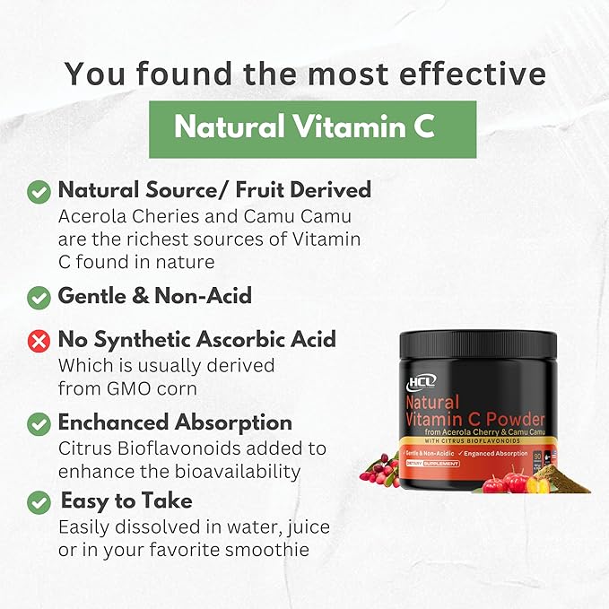 Natural Vitamin C from Organic Acerola Cherry & Camu Camu Powder - High Absorption with Citrus Bioflavonoids - Immune System & Collagen Booster - Anti Aging Skin Vitamins Made in USA 90 servings