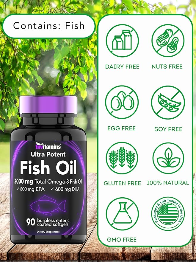Burpless Omega-3 Fish Oil: 2000mg - 90 Softgels | 1400mg Total Omega-3 Fatty Acids (800mg EPA & 600mg DHA) | Enteric Coated Burpless Ultra Potent Fish Oil | Supports Heart Health