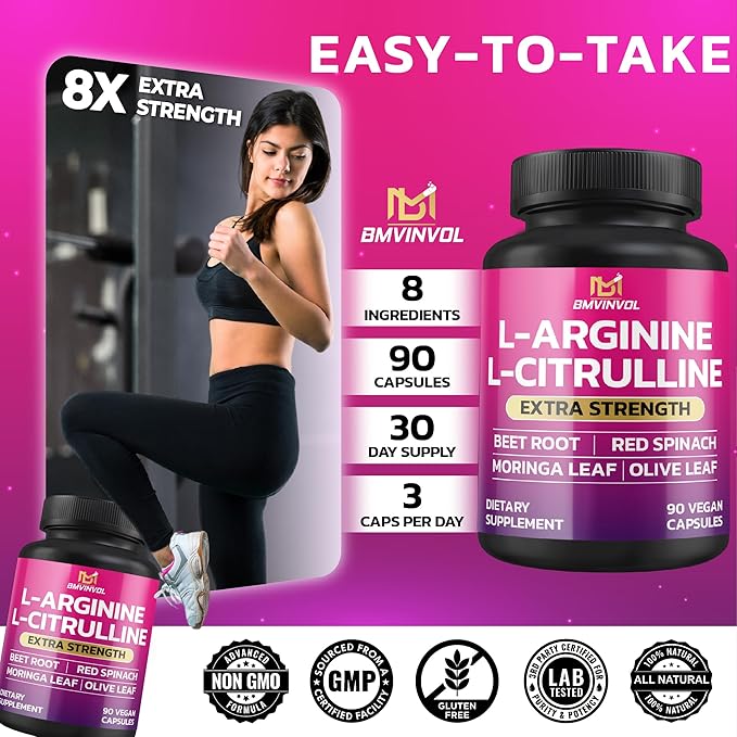 BMVINVOL L Arginine L Citrulline Supplement Plus Beet Root, Moringa, Olive, Red Spinach for Support Energy Levels - 90 Capsules