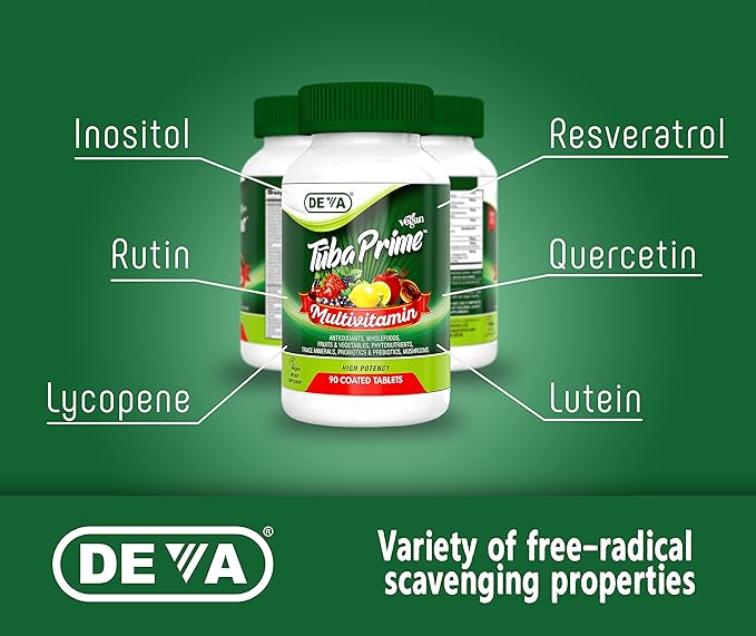 DEVA Tuba Prime Vegan Multivitamin Iron-Free - High-Potency Vitamin & Mineral Dietary Supplement - Antioxidants, Fruit & Vegetable Blend, Super Mushrooms, Probiotics, Prebiotics, Seeds, Herbs 90 Tabs