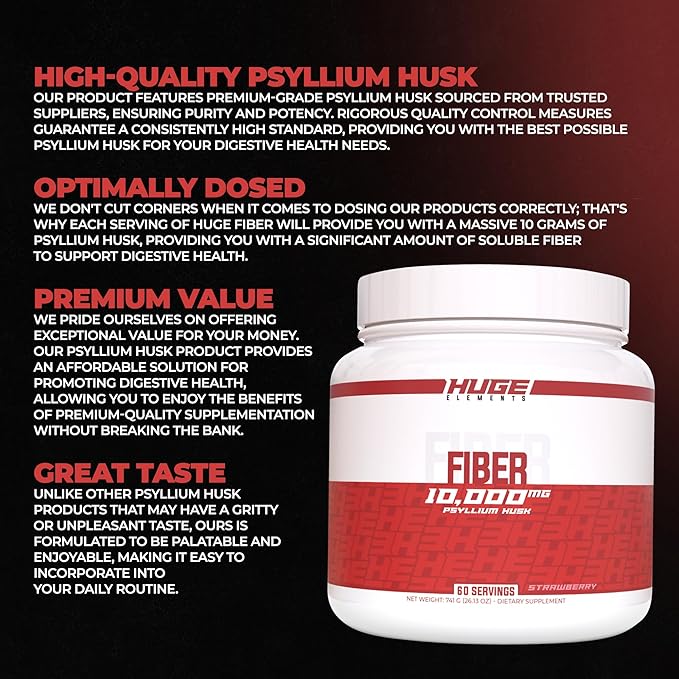 Huge Supplements Fiber, 10 Grams of Premium Psyllium Husk Powder, Soluble Fiber for Digestive Health & Functions, Natural Prebiotic with Delicious Flavors (60 Servings) (Peach)