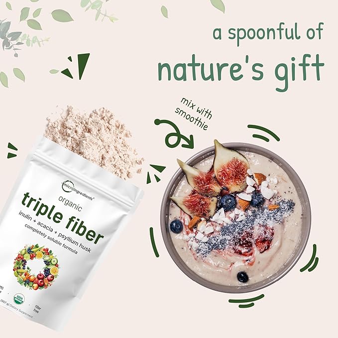 Organic Fiber Supplement (Inulin, Acacia, Psyllium Husk), 2 Pounds, 3-in-1 Formula, Daily Soluble Fiber, Unflavored, Prebiotics Supplement for Digestive Health, Hunger Control, Vegan
