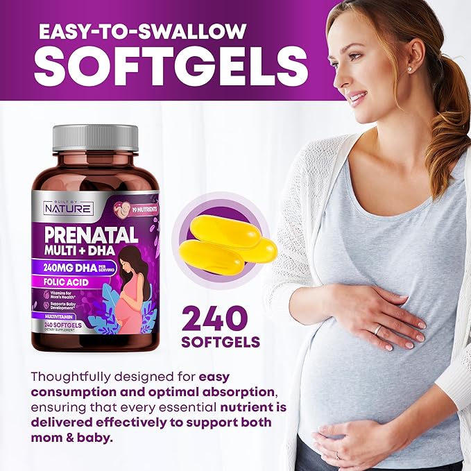 Prenatal Vitamins for Women - Multivitamin with DHA, Folic Acid, Vitamin C, B12, Iron & Omega-3 - Before, During & Post Pregnancy Supplement for Healthy Growth & Brain Development - 240 Softgels