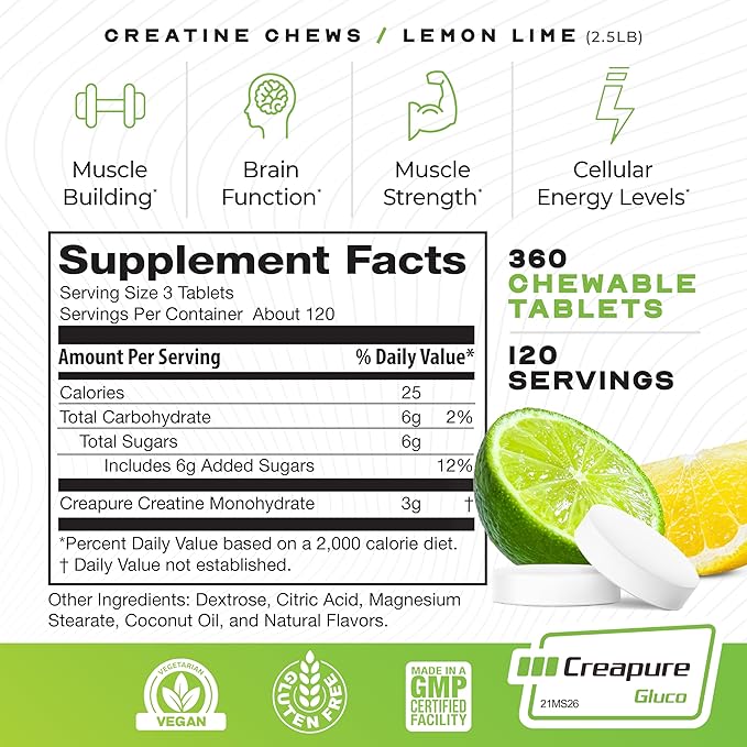 Muscle Feast Vegan Creatine Monohydrate, Gluten-Free Creapure Chews, Lemon Lime, 360 Tabs