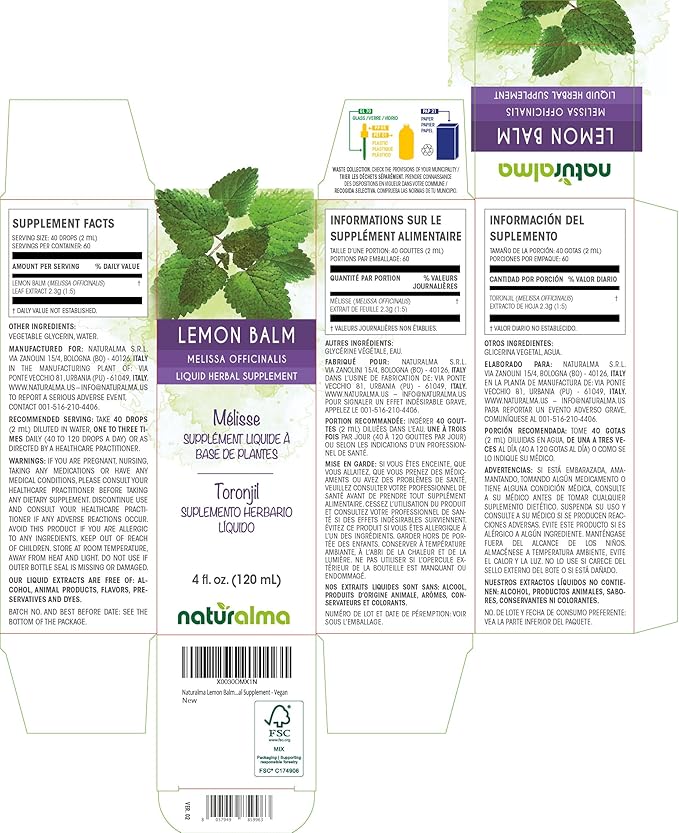 Naturalma Lemon Balm (Melissa officinalis) Leaf Alcohol-Free Tincture - 4 fl oz Liquid Extract in Drops - Herbal Supplement - Vegan