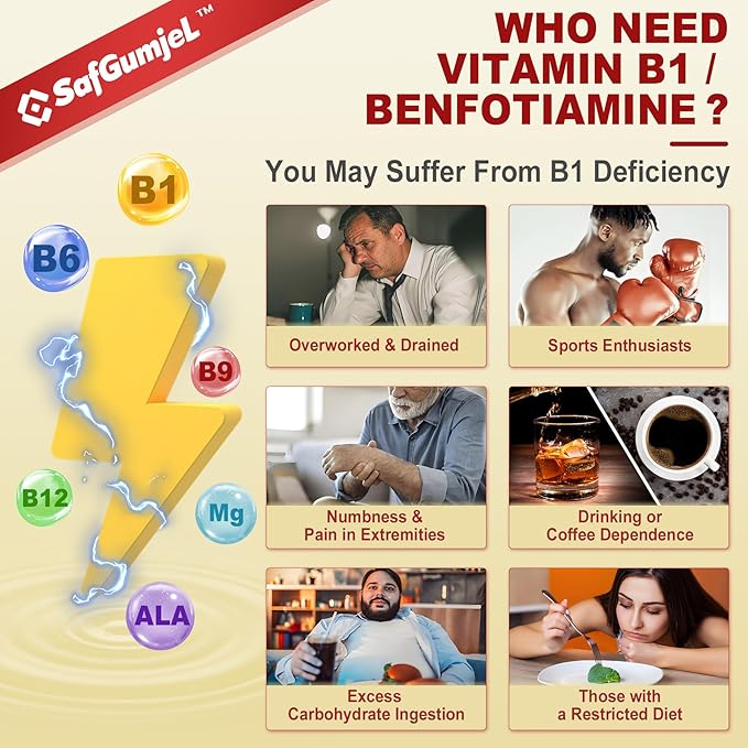 Vitamin B1 Gummies - Benfotiamine 500mg, Vitamin B1 B6 B12 Complex, 3.6X More Effective Than Thiamine, Carbohydrate & Energy Plus Healthy Nervous System, 1 Pack
