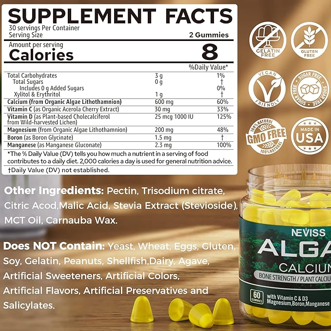 NEVISS Algae Calcium Gummies with Zinc and Magnesium Supplement