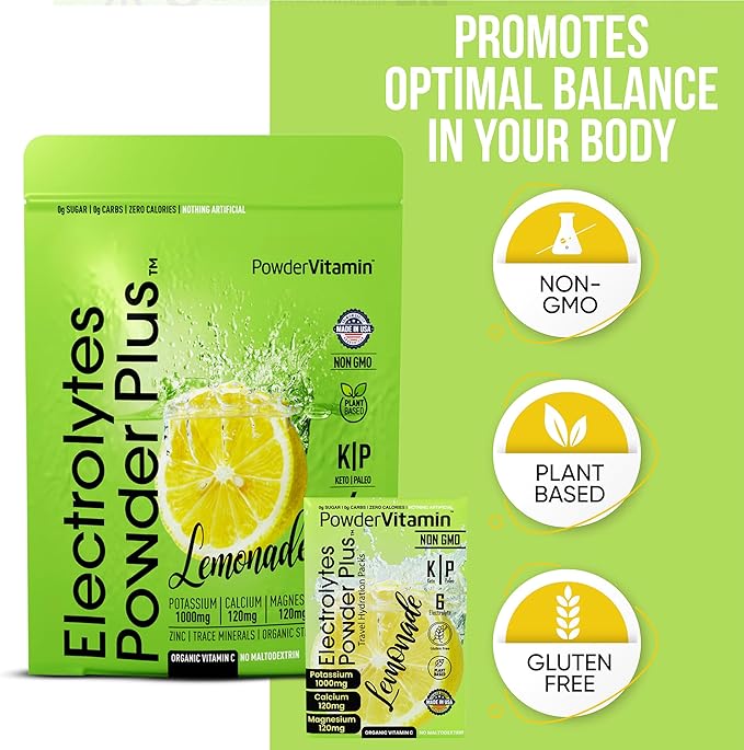 Electrolytes Powder Plus, Keto, Lemonade, Sugar Free, Pink Himalayan Salt, 1000mg Potassium, 120mg Calcium, 120mg Magnesium, Non-GMO, Zero Calories, (16 Hydration Packets)