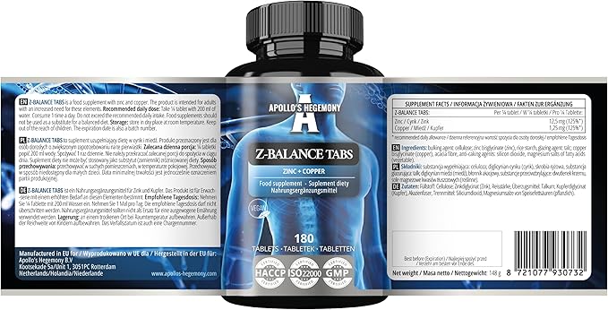 Z-Balance - Zinc 12,5mg + Cooper - 180 Tablets Capsules - 720 Servings - Zinc bisglycinate and Cooper bisglycinate - Supplement for Healthy Hair, Skin and Nails - by Apollo's Hegemony