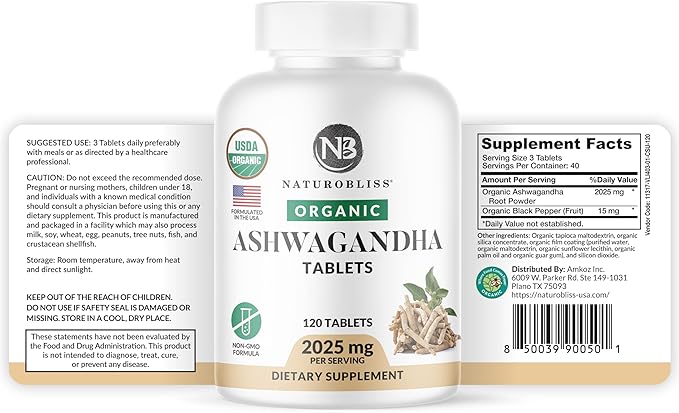 NaturoBliss Ashwagandha Supplements, 2025mg, 120 Tablets, Herbal Dietary Supplement, Vegetarian, Non-GMO, Gluten Free, with Black Pepper