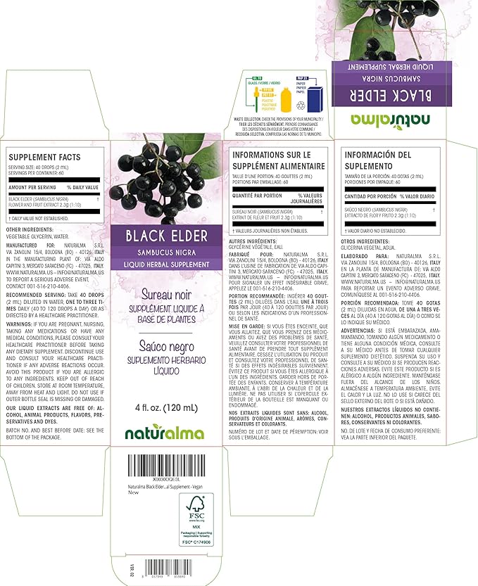 Naturalma Black Elder (Sambucus nigra) Flower (Elderflower) and Fruit (Elderberry) Alcohol-Free Tincture - 4 fl oz Liquid Extract in Drops - Herbal Supplement - Vegan