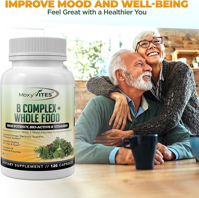 Vitamin B Complex - B Vitamins Whole Food Supplement, B12 Methylcobalamin, B1, B2, B3, B5, B6, B7, B9 - for Stress, Energy and Immune Support, Vegan, 120 Capsules