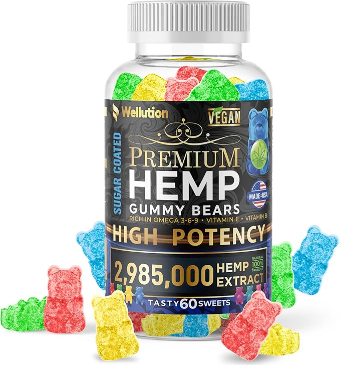 WELLUTION Sugar-Coated Hemp Gummies – High Potency 2,985,000 MCG – Natural Fruity Bears for Relaxation and Peace - Fast-Acting - 60ct