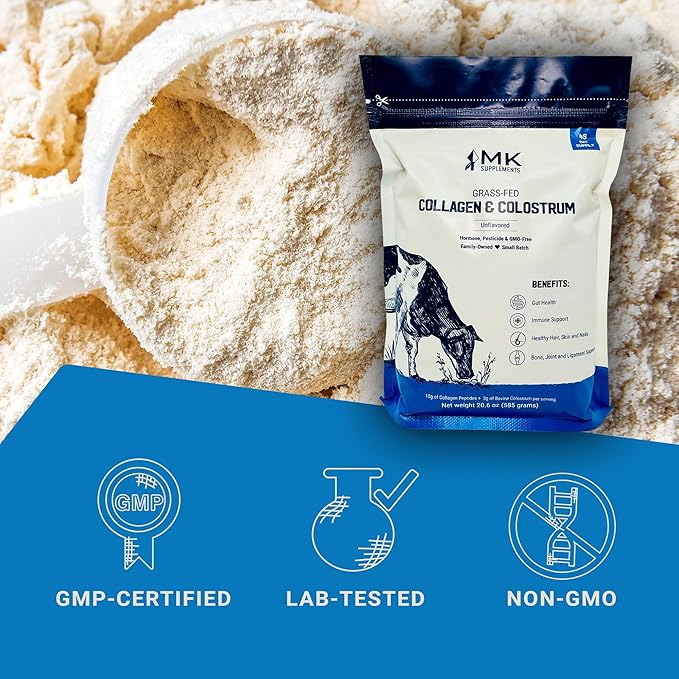 MK Supplements Grass-Fed Collagen & Colostrum Supplement, 45 Servings, Non-GMO, Gluten Free, Supports Gut Health, Immunity, Hair, Skin, Nails, Joints