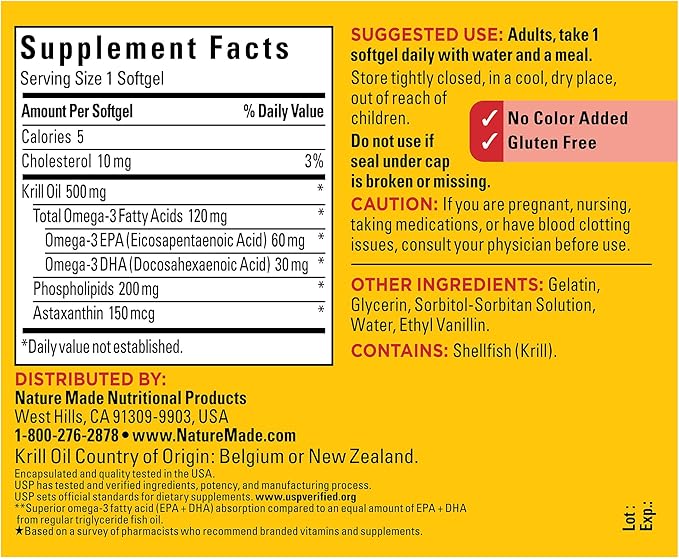 Nature Made Superior Absorption Krill Oil 500mg with Astaxanthin and Phospholipids, Omega 3 for Heart Health Support, Antarctic Krill Oil, 100 Softgels, 100 Day Supply