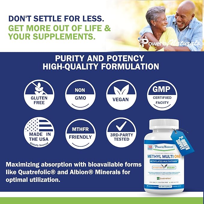 Power By Naturals Methyl Multi One - Iron-Free Methylated Multivitamin with Quatrefolic 5-MTHF, Active B12, P5P, CoQ10 & Zinc for MTHFR Support - Energy & Focus Formula - 60 Capsules (2-Month Supply)