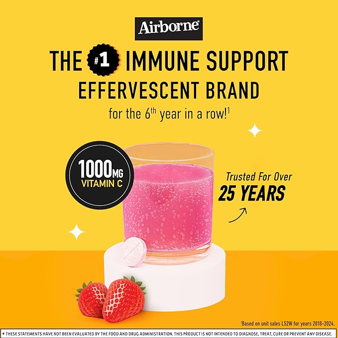 Airborne 1000mg Vitamin C with Vitamin D & Zinc, Sugar Free Multivitamin Immune Support Supplement, Antioxidants Vitamins A C & Vitamin E, 30 Effervescent Tablets, Very Berry Flavor