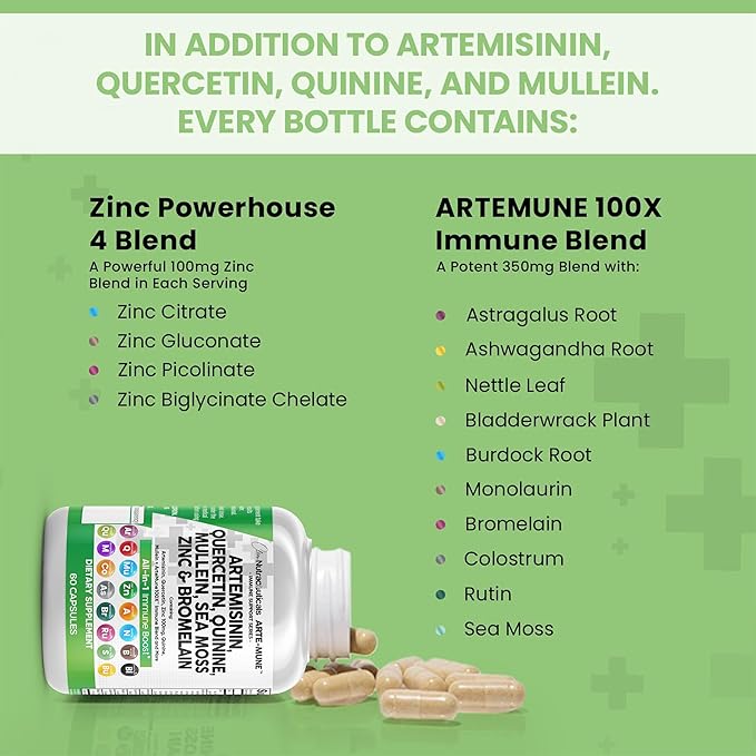Clean Nutraceuticals Artemisinin Quercetin Zinc Mullein Quinine Supplement with Sea Moss Bromelain Ashwagandha Root Nettle Leaf Bladderwrack Burdock Root Monolaurin Colostrum Rutin