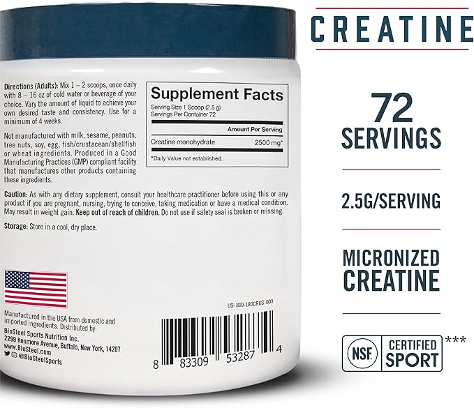 BioSteel Creatine Monohydrate Powder - 72 Servings, 180g, Micronized for Muscle Recovery & Lean Muscle, NSF for Sport Certified Creatine Powder
