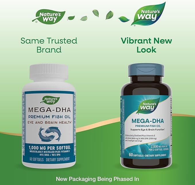 Nature's Way Mega-DHA Premium Fish Oil, Supports Eye and Brain Function*, Omega-3, 2,000 Fish Oil mg per 2-Softgel Serving, 60 Softgels (Packaging May Vary)