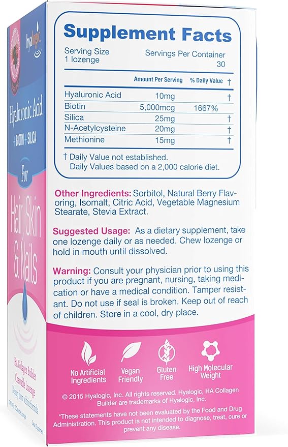 Hyalogic Hair Skin & Nails Hyaluronic Acid Collagen Builder – Delicious Berry Flavored Collagen Boost Chewable Lozenges – Sugar Free Vegan Collagen Ideal to Enhance Your Natural Beauty – 30 Count