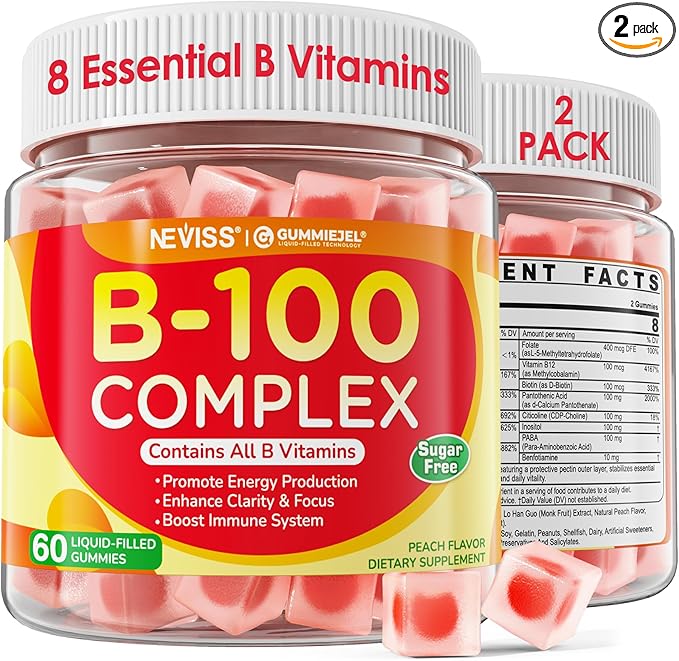 Super Vitamin B Complex Gummies - All B Vitamins Including Methyl B12, B1, B2, B3, B5, B6, Biotin, Methylfolate with Vitamin C, Choline, Inositol, PABA for Energy, Brain & Immune Support, 120Cts