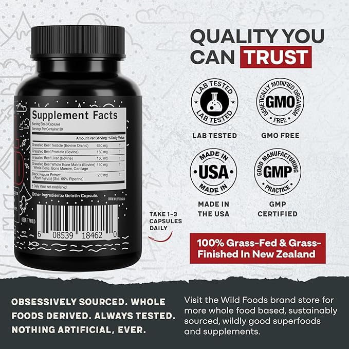 Wild Foods Men's Vitality Formula – Grass-Fed Bovine Supplement & Beef Liver Capsules with Testicle, Prostate, Whole Bone | Primal and Carnivore Diet Approved | 90 Organ Meat Capsules (30-Day Supply)