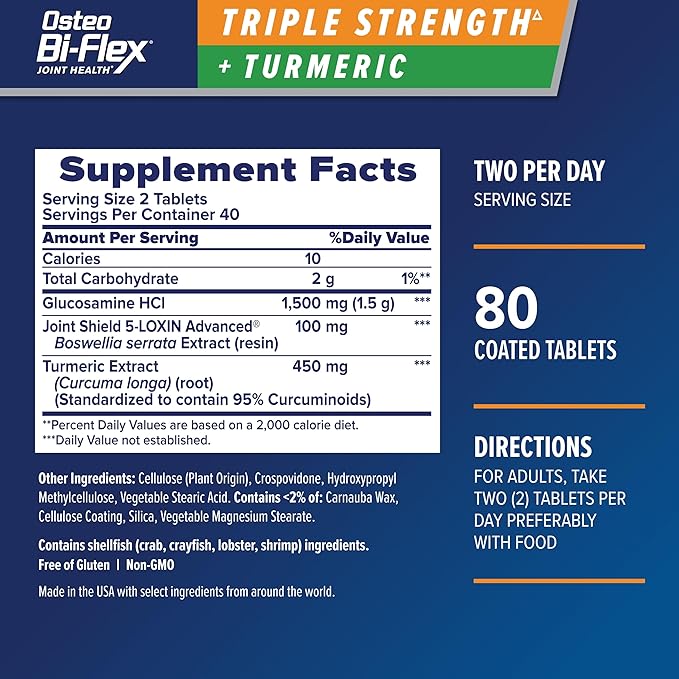 Osteo Bi-Flex Triple Strength Glucosamine with Turmeric, Joint Health Supplement, Coated Tablets, Original Version, 80 Count