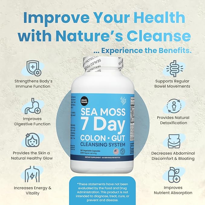 Atlantic Naturals Sea Moss 7-Day Colon & Gut – with Psyllium Husk Senna Powder, Golden Flax, Turmeric & Herbs for Digestive Health, Bloating, & Natural Flushing for Women & Men - 180 Capsules.