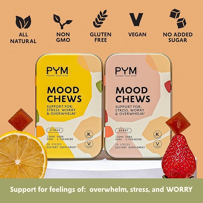 PYM Berry Mood Chews Support for Stress, Worry & Overwhelm, 20 Count | 130mg GABA, 90mg L-Theanine | Vegan, Non-GMO, Gluten-Free, No Added Sugar | All-Natural Mood Balance Supplement Made in USA