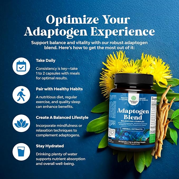 Herbal Adaptogen Mood Support Supplement - Calming Adaptogens Supplement for Stress & Cortisol Management with Ashwagandha Rhodiola Rosea & Maca Root - Vegan Non GMO & Daytime Friendly - 60ct