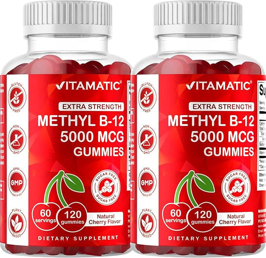 Vitamatic 2 Packs Extra Strength Vitamin B12 5000 mcg (Methyl B12) Gummies - 120 Count - Energy Metabolism Support and Nervous System Health Support, Natural Cherry Flavored
