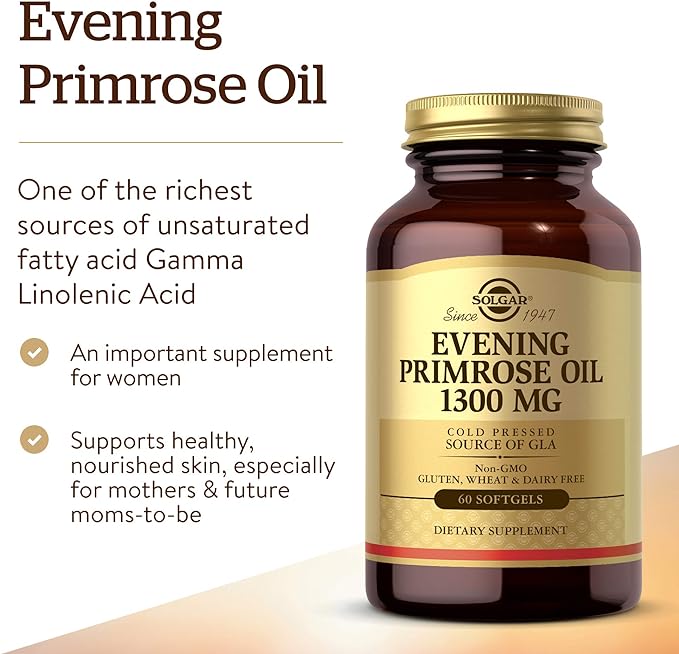 Solgar Evening Primrose Oil 1300 mg, 60 Softgels - Promotes Healthy Skin & Cardiovascular Health - Nutritional Support for Women - Non-GMO, Gluten Free, Dairy Free - 60 Servings
