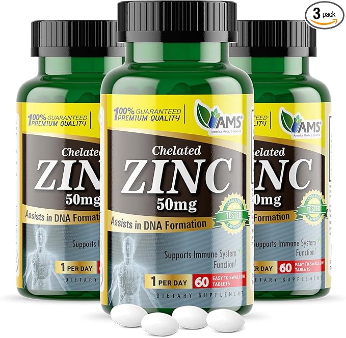 America Medic & Science Chelated Zinc 50 mg Supplements (3 Pack of 60 Tablets) Immune Booster and Powerful Antioxidant Pills for Adults Men and Women | Highly Absorbable Mineral, Improves Mood & Sleep