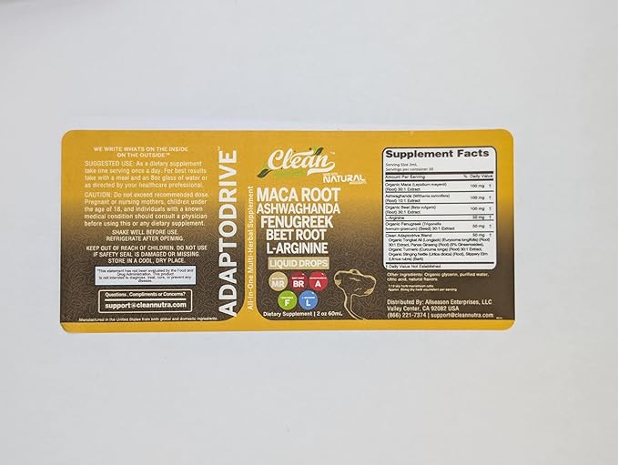 Clean Nutra Organic Maca Root Liquid Drops with Ashwagandha, Fenugreek, Beet Root and L-Arginine Liquid Multivitamin for Women and Men - Adapto Drive