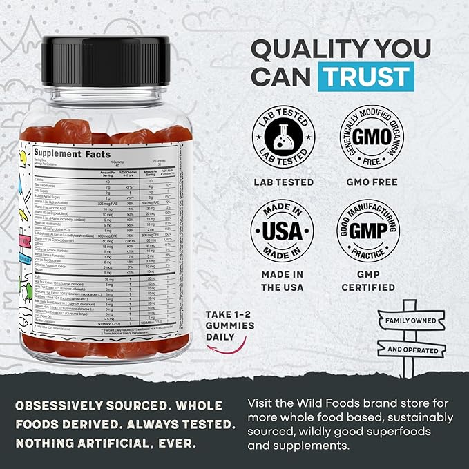 Wild Foods Kids Multivitamin Gummies – Natural Skin, Immune & Bones Support with Kids Vitamins A, C, D, E, B12, Iron & DHA – Probiotics & multivitamin for Growth – 60 Flavored Gummies