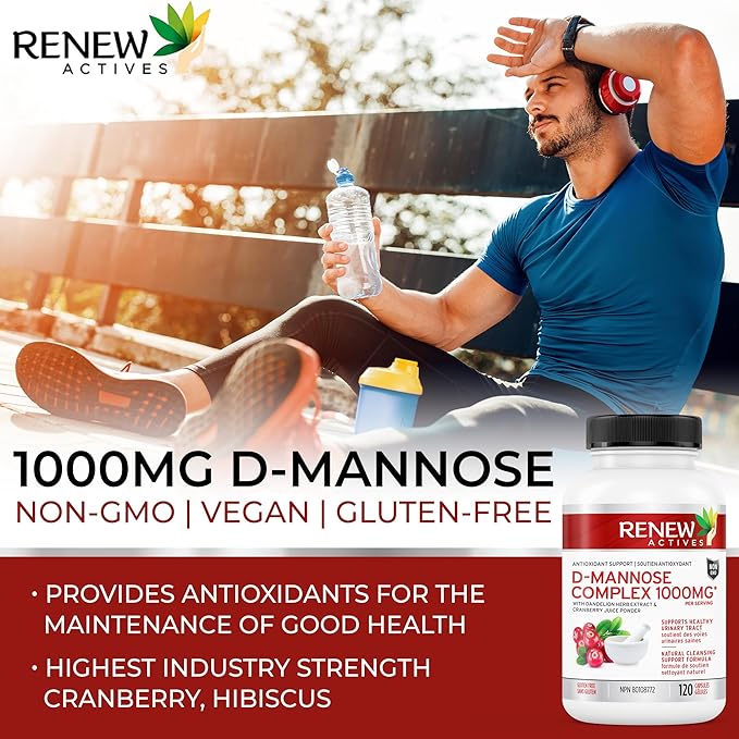 Renew Actives High Potency D-Mannose & Cranberry Complex 1000MG per 2 Capsules – with Hibiscus & Dandelion Extracts – Antioxidant Blend – No Artificial Flavours - Made in Canada - 120 Capsules