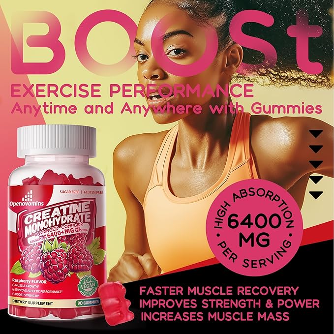 Creatine Monohydrate Gummies Complex 6400mg for Men & Women -Advanced Formula W/L-Taurine + Vitamin B12, Sugar Free Chewable Supplement,90 Raspberry Gummies