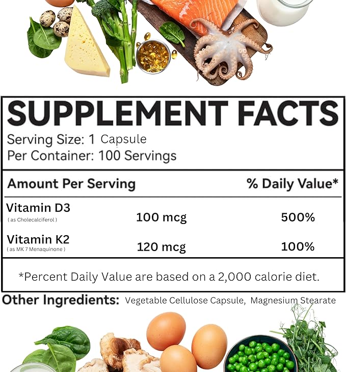 Vitamin D3 K2 Capsules - Dietary Supplement to Support Immune Function, Daily Nutritional Support Formula - GMO, Soy and Gluten Free- 100 Count