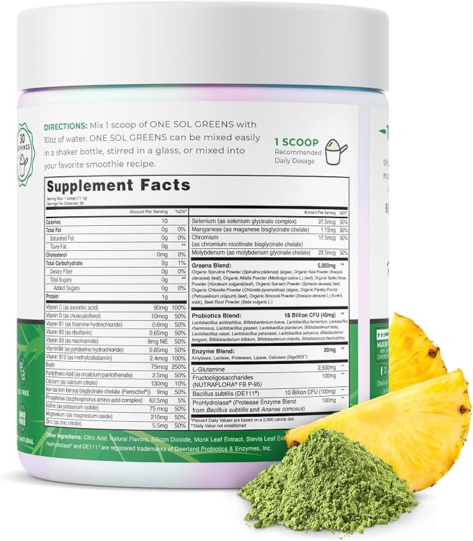 One Sol Greens, Super Greens Powder to Reduce Bloating & Improve Gut Health, Superfood Fresh Bloom Organic Greens Blend Juice & Smoothie Mix, Pre & Probiotic with Digestive Enzymes, Vegan & Soy Free