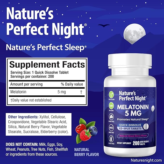 Nature's Perfect Night | Melatonin 5mg | 200 Quick Dissolve Tablets | Natural Mixed Berry Flavor |Preferred Potency | Sugar Free | Vegan | Gluten Free | Value Size