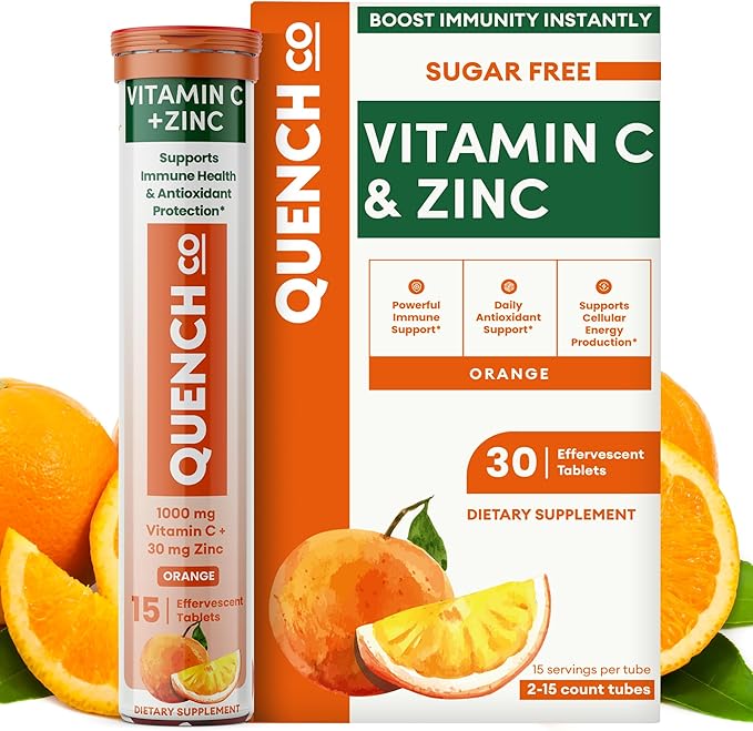 Quench Vitamin C & Zinc Effervescent Tablets - 1000mg, Sugar-Free, Immune Support Supplement, Includes Electrolytes, Orange Flavor Fizzy Drink - 30 Count