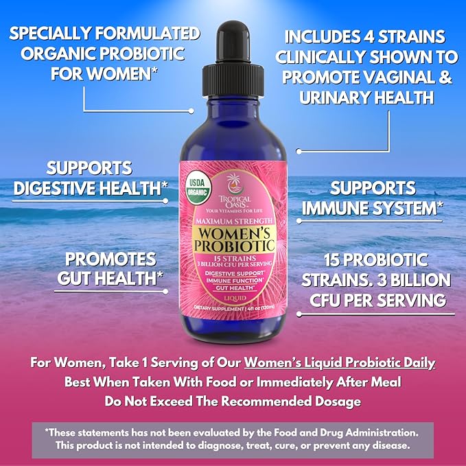 Tropical Oasis USDA Organic Liquid Probiotic for Women | Digestive Support & Gut Health | Liquid Vitamins for Women | 98% Absorption | Vegan, Non-GMO | 40 Servings