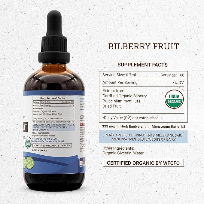 Secrets of the Tribe Bilberry Fruit USDA Organic | Alcohol-Free Extract, High-Potency Herbal Drops, Vision | Made from 100% Certified Organic Bilberry (Vaccinium Myrtillus) Dried Fruit 4 oz