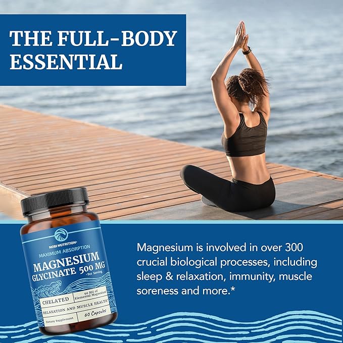 Magnesium Glycinate 500mg | Chelated for High Absorption | Muscle Relaxation, Bones, Heart, Nerve, Sleep & Calm Support for Women & Men | Magnesium Chelate Supplement & Bisglycinate Complex | 60ct