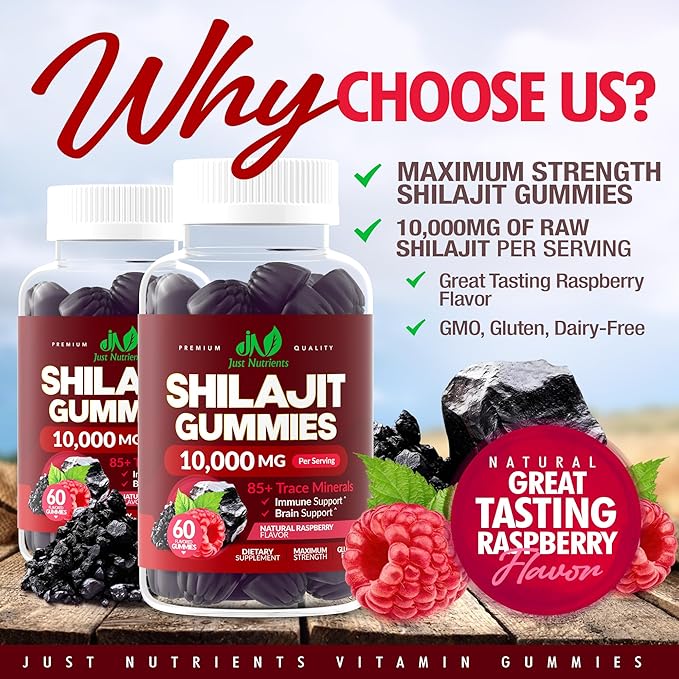 Shilajit Gummies 10,000mg for Men & Women - Maximum Strength Pure Himalayan Shilajit, Gluten-Free, Non-GMO, 100% Vegetarian - Natural Raspberry Flavor - 60 Count
