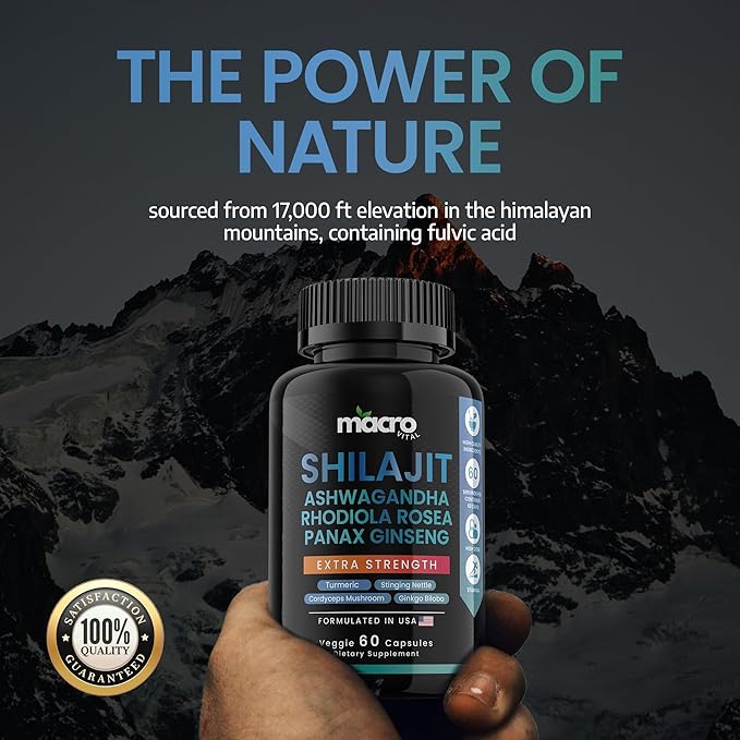 Pure Himalayan Shilajit for Men and Women 8-in-1 Supplement, Organic Himalayan Shilajit Capsules with Ashwaganda, Rhodiola Rosea and Panax Ginseng for Energy-Stamina- 60 Veggie Capsules