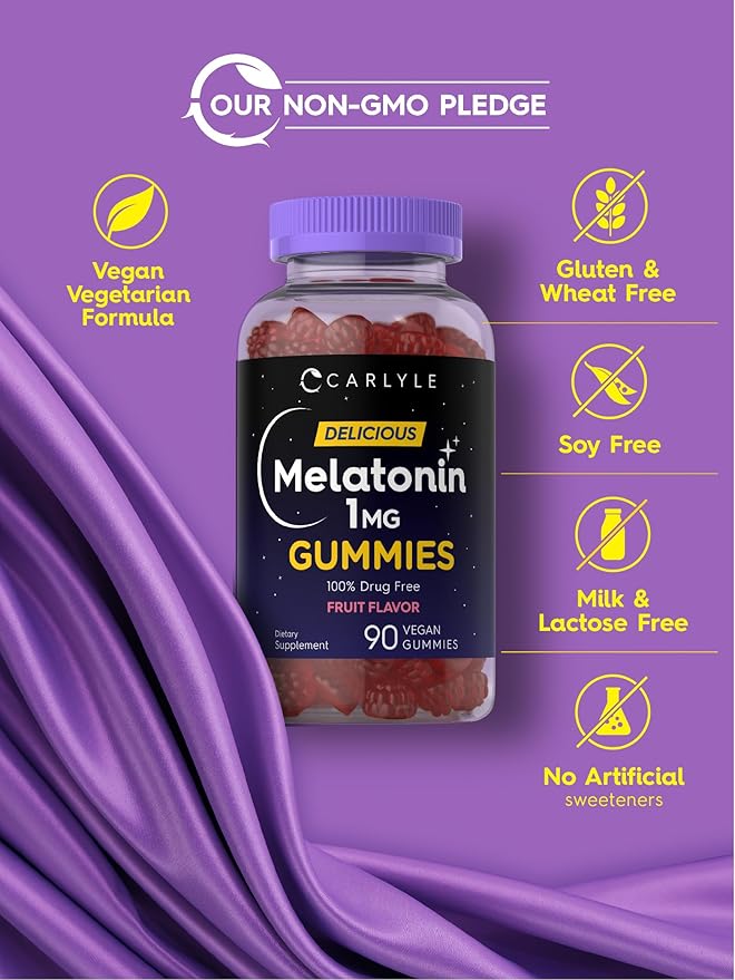 Carlyle Melatonin 1mg Gummies | 90 Count | Fruit Flavor Gummy Supplement | Vegan, Non-GMO, Gluten Free